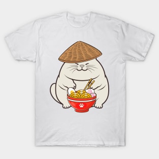 Funny fat cat is eating noodles T-Shirt